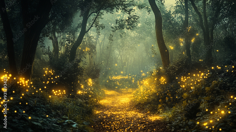 Poster a magical forest glows with fireflies during twilight hours in a tranquil setting