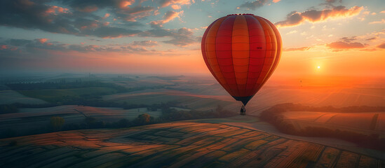 Obraz premium A Gracefully Floating Hot Air Balloon over a Patchwork Countryside Landscape at Sunset