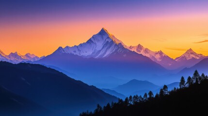 Obraz premium Majestic mountain landscape at sunset with vibrant colors.