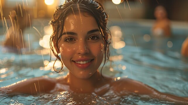 Woman participating in an aqua Zumba class with upbeat music and dance moves, aquatic dance fitness