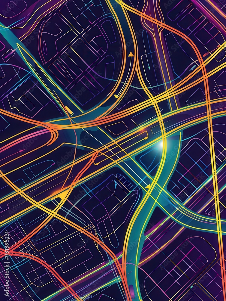 Poster vibrant, crisscrossing lines symbolize connectivity over a stylized map, ideal for showcasing gps na