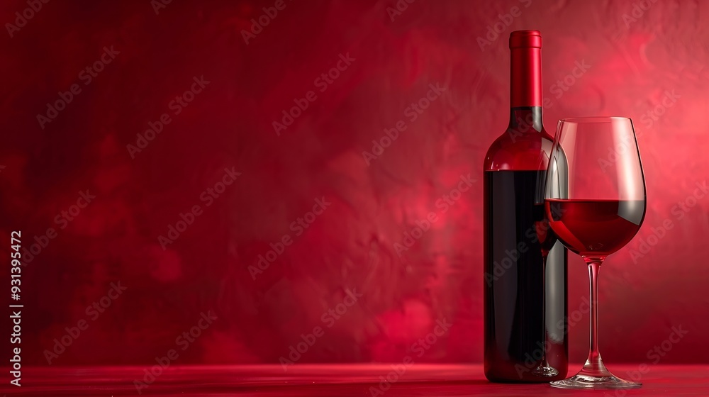 Poster bottle and glass of red wine on a red background copy space : generative ai