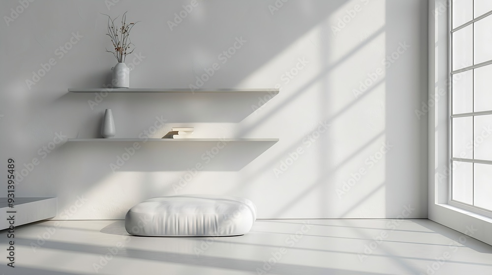 Poster modern minimalistic cozy white home interior background white wall with shelves and design wall and 