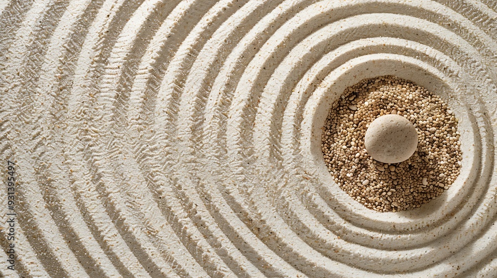 Poster top view pattern in japanese zen garden with close up concentric circles on sand for meditation and 