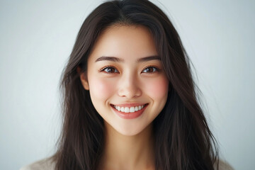 Naklejka premium Asian woman positive smile on white background, beauty positive smile