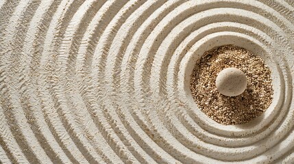 Top view pattern in Japanese Zen Garden with close up concentric circles on sand for meditation and relaxation Aesthetic minimal sandy background with copy space yellow beige neutral t : Generative AI