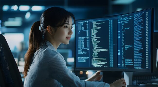 Computer programmer, software engineer typing, coding javascript on laptop computer, software development concept