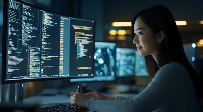 Computer programmer, software engineer typing, coding javascript on laptop computer, software development concept
