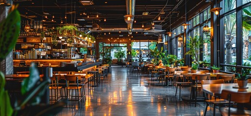 Modern restaurant interior with wooden tables and chairs, a bar, and green plants. The space is bright and airy with large windows.