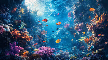 Fototapeta premium Colorful coral reef teeming with tropical fish in a vibrant underwater ecosystem
