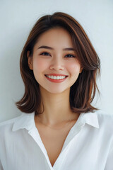 Fototapeta premium Asian woman positive smile on white background, beauty positive smile