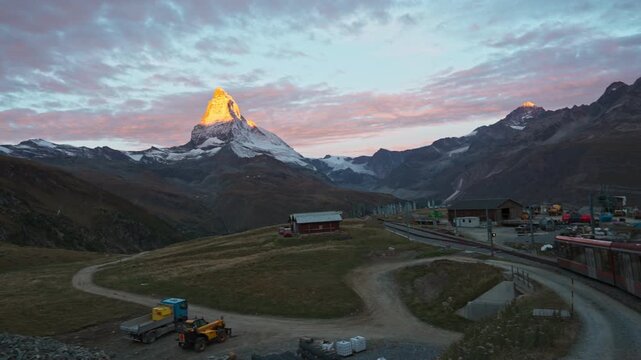 View of sunrise over Matterhorn mountain with colorful sky in Riffelboden, Switzerland