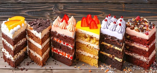 Six different slices of layered cake with various toppings and fillings, displayed on a rustic wooden surface. A variety of flavors and textures are visible.
