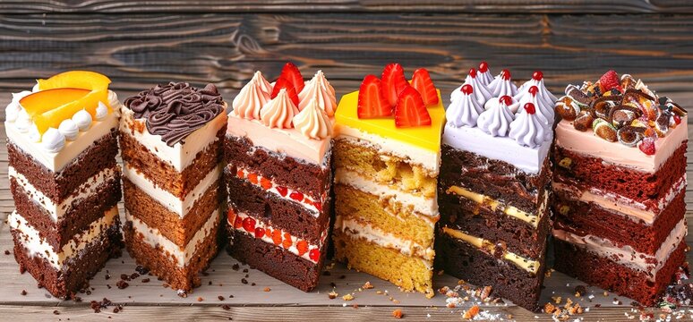 Six different slices of layered cake with various toppings and fillings, displayed on a rustic wooden surface. A variety of flavors and textures are visible.