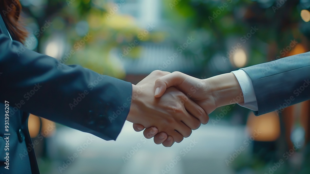 Poster business people handshake and corporate deal with support for b2b merger teamwork or hiring partners