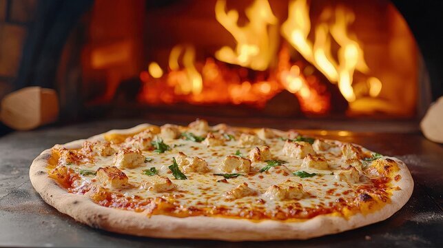 A high-resolution horizontal image of Italian spicy paneer tikka pizza with a thin crust, melted cheese, and a wood-fired oven in the background with vibrant flames.
