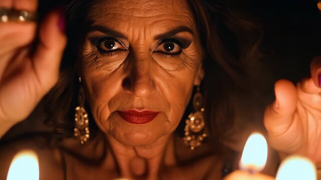 Fortune teller sees future in fire. Fate telling by candlelight close up. Many candles around. Spiritual practice of predicting. Woman reads divination spell. Female sorceress performs magic ritual.