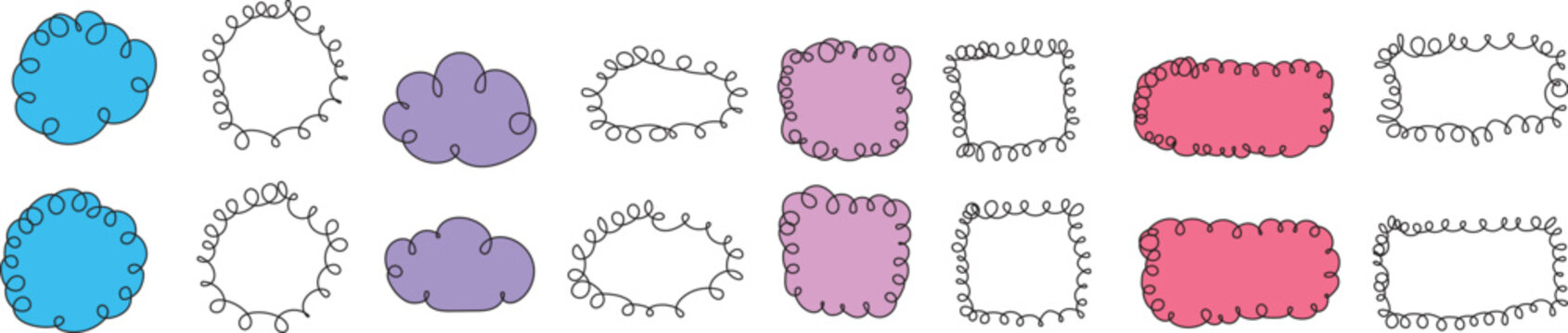Set of cute colorful empty frames with basic shapes in hand drawn doodle style, isolated on white