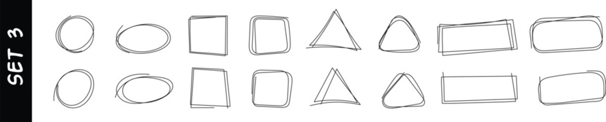 Hand drawn line scribble frames including circles, squares, triangles and rectangles shapes for doodle and cartoon style