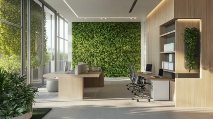 Modern office interior with green wall, wooden accents, and natural light.