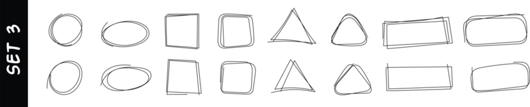 Hand drawn line scribble frames including circles, squares, triangles and rectangles shapes for doodle and cartoon style