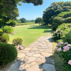 Serene garden pathway leads to lush greenery under a bright summer sky