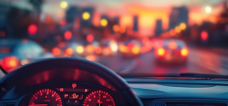 A close up view of a car's steering wheel, with the blurred city lights in the background. The red dashboard lights create a dramatic effect.