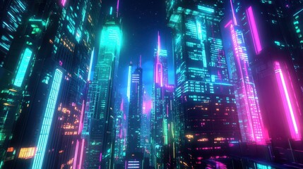 Fototapeta premium A vibrant cyberpunk cityscape illuminated by neon lights and futuristic architecture.