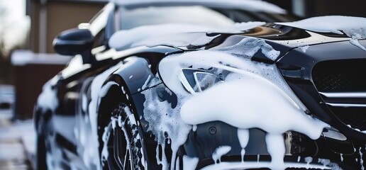 Close up of a black car covered in white soap suds during a car wash. The car is clean and shiny.
