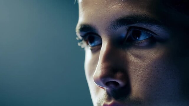 Close up portrait of a young man with a serious expression, illuminated by blue light, creating a dramatic and contemplative atmosphere
