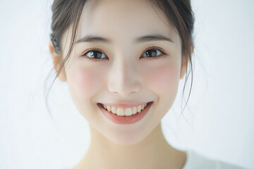 Asian woman positive smile on white background, beauty positive smile