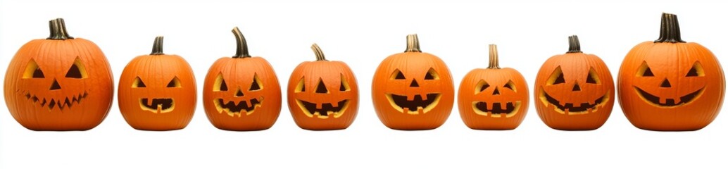 A white background shows eight lit Halloween pumpkins with evil faces and eyes.