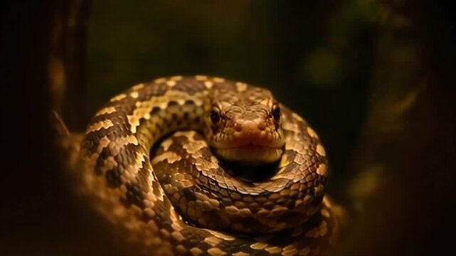 A coiled snake  is seen in a dark room