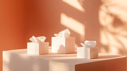 A set of tissue boxes arranged artistically against a solid color backdrop, warm ambient lighting to highlight the design elements of the boxes, stylish and visually appealing setting,