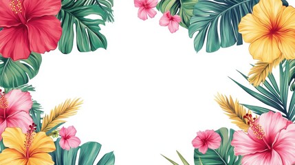 A vibrant floral border featuring hibiscus and tropical leaves on a blank background.