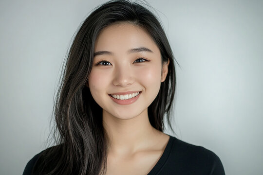 Asian woman positive smile on white background, beauty positive smile