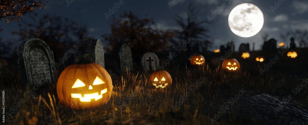 Wall mural zombie pumpkin emerging from a graveyard cemetery on a spooky dark night. background for halloween e