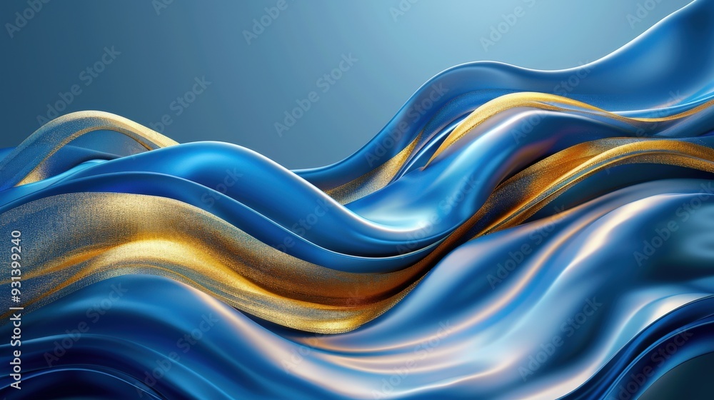 Poster craft a high-resolution abstract design with blue and gold flowing ribbons. ensure the ribbons creat