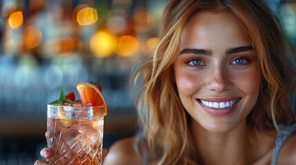 Woman smilingly declining a offered cocktail at a corporate meet-up