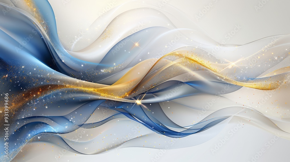 Poster create an abstract design featuring flowing blue and gold ribbons. emphasize elegance and luxury wit
