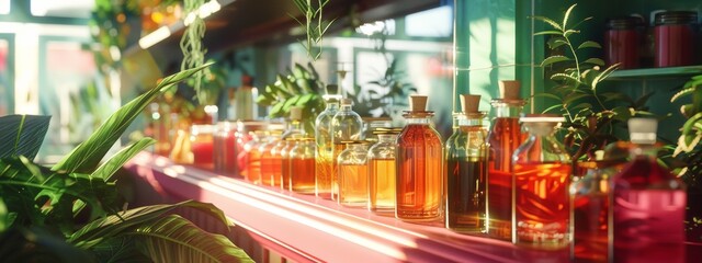 Sunlit apothecary shelf with glass bottles and plants