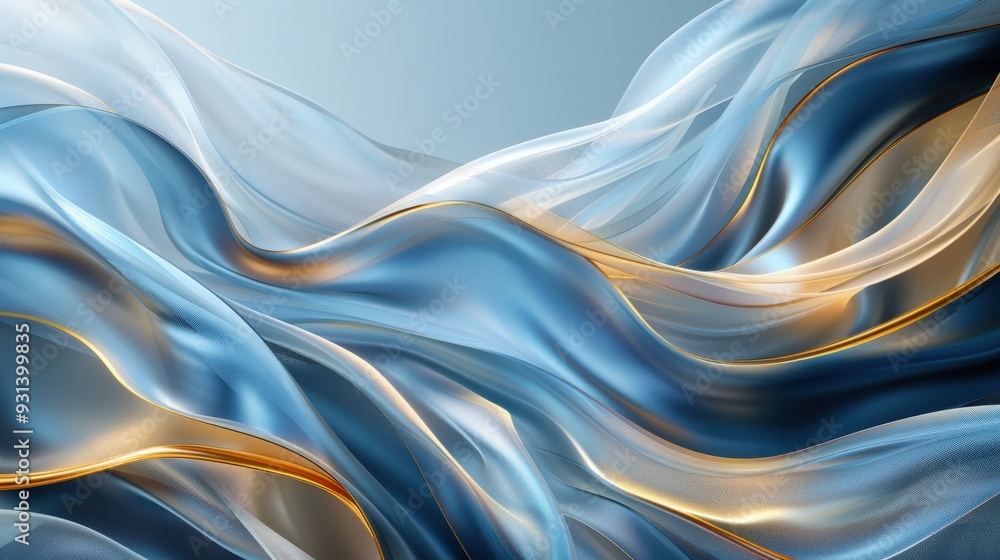 Poster design an abstract background with blue and gold ribbons gracefully flowing through the composition.