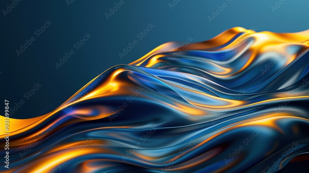 Poster design an abstract background with blue and gold ribbons gracefully flowing through the composition.