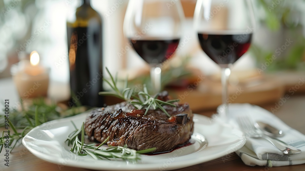 Poster table setting with plate of beef with glasses of red wine : Generative AI