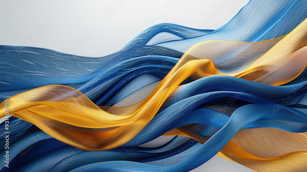Poster generate a high-resolution abstract design of flowing blue and gold ribbons. ensure the ribbons have