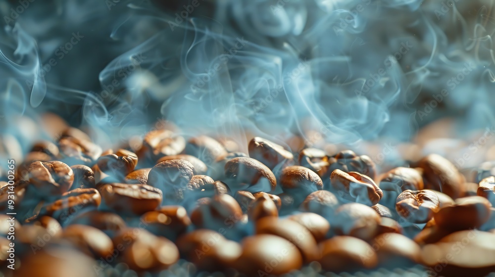 Poster coffee beans roasting with smoke selective focus and soft focus : generative ai