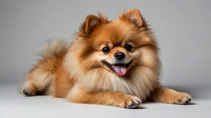 Obraz premium Cheerful Pomeranian lying down, transparent background, ideal for pet ads