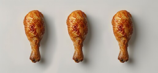 Three roasted chicken legs with faces on a white background. Funny food photography with a humorous and quirky style.