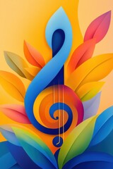 Vibrant abstract design features a musical note surrounded by colorful foliage at sunset