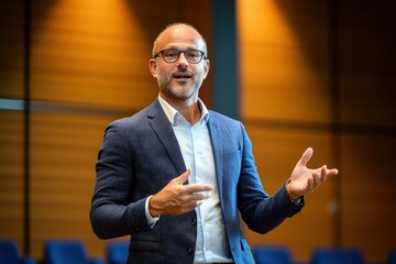 The speaker at a business conference delivering a presentation, engaging with the audience and sharing key information.
